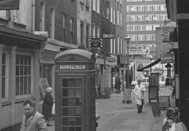 Street scene in Fitzrovia, London, 1970s or 1980s.